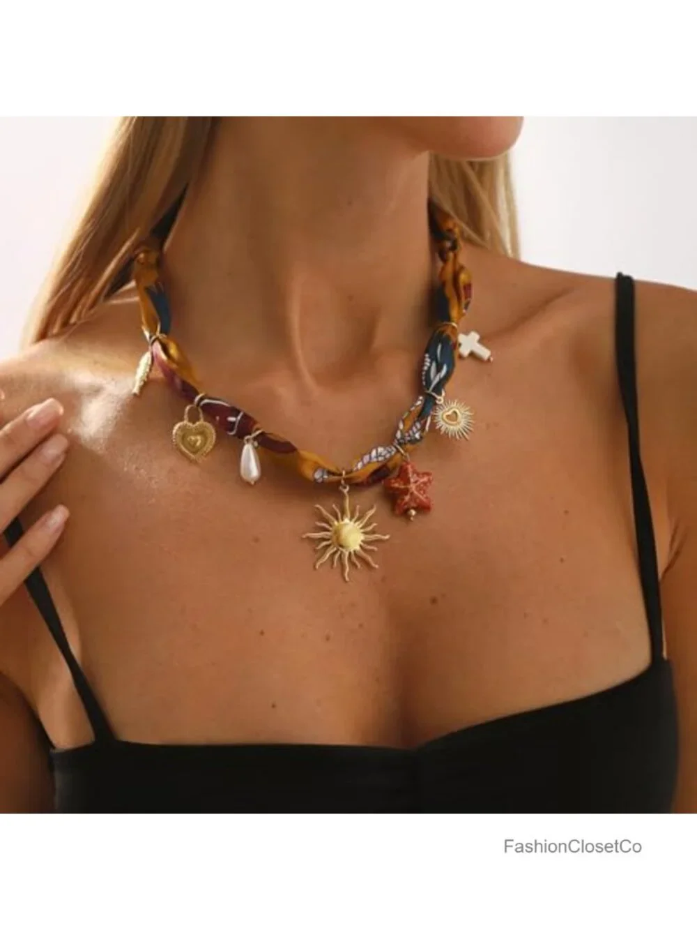 Boho Scarf Necklace with Charms 14K Gold Plated Seashell Starfish